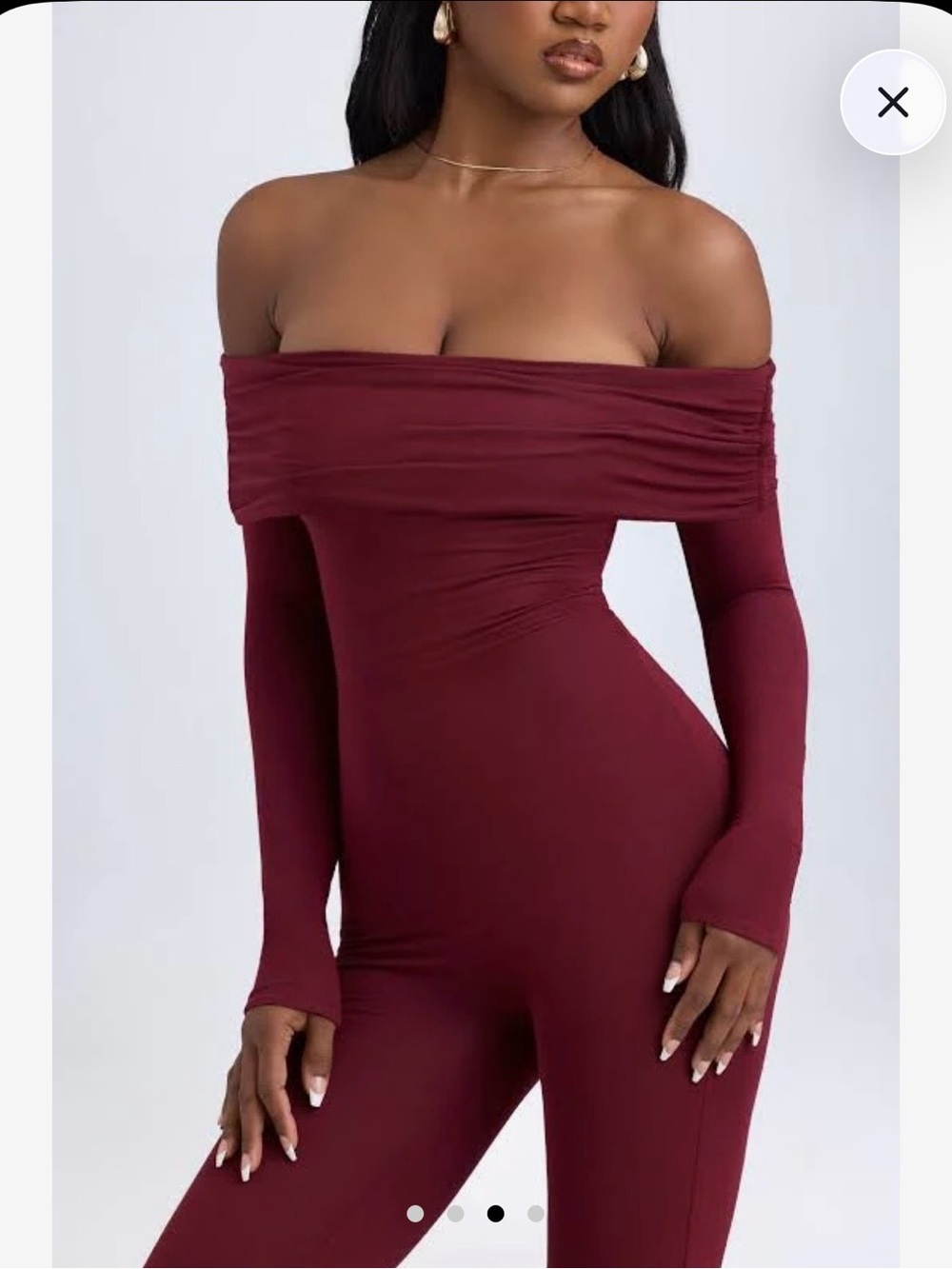 Oh Polly Off-Shoulder Long Sleeve Bodysuit Jumpsuit in Burgundy